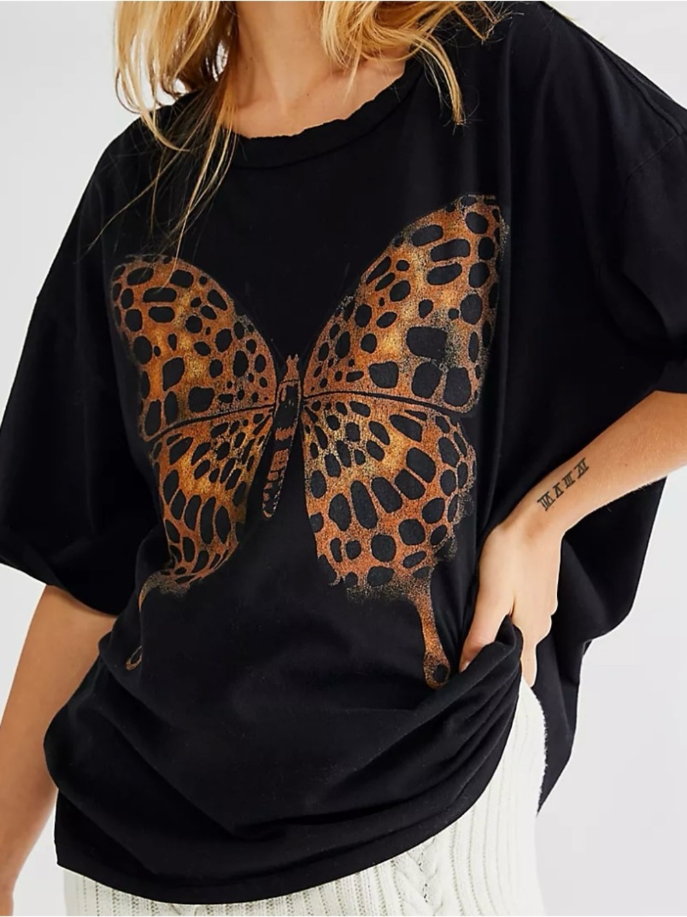 Free People x Vintage Souls Leopard Butterfly Oversized Graphic Tee Black M